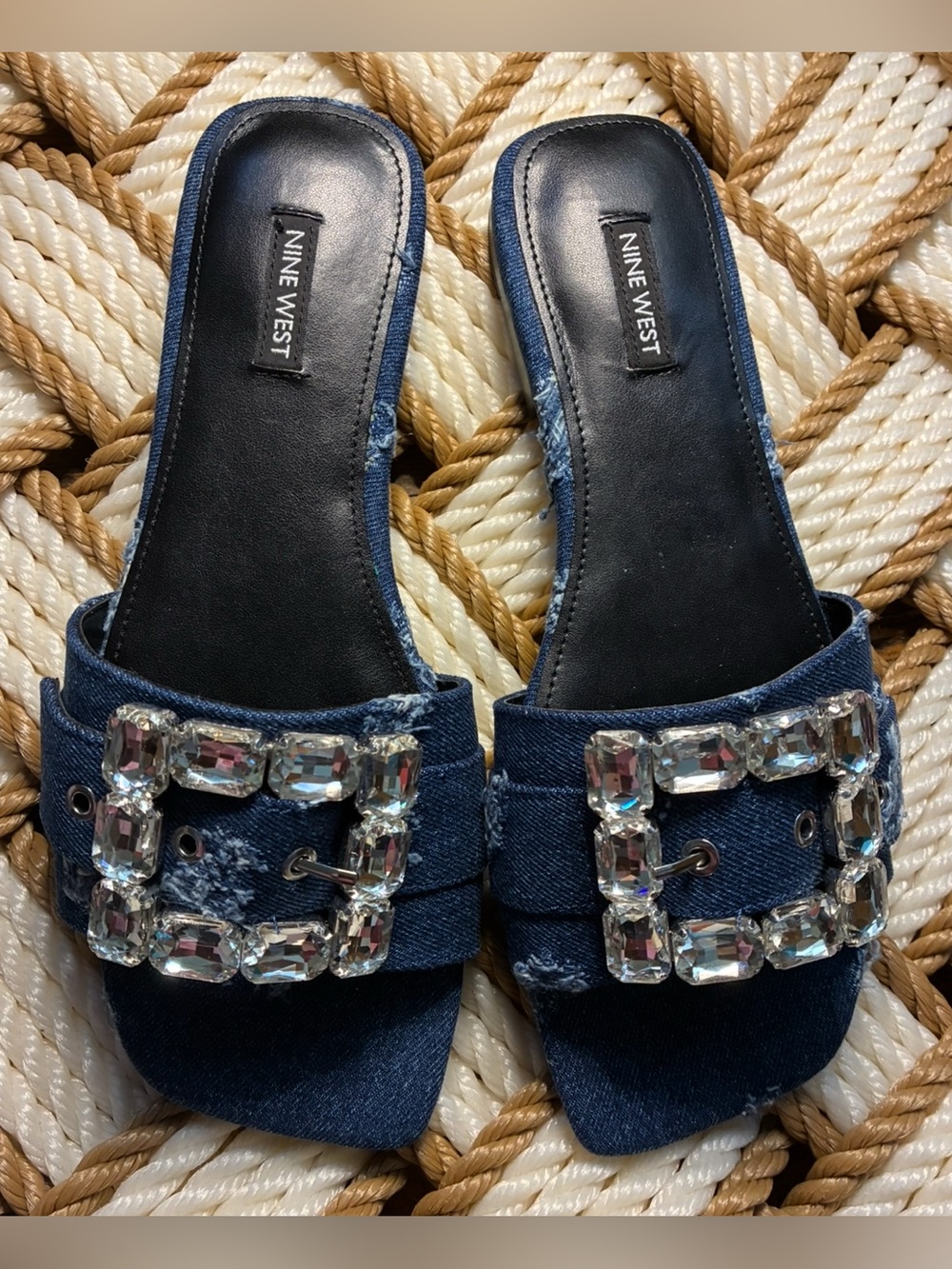 Nine West Denim Slide Mules with Crystal Buckle - Blue
